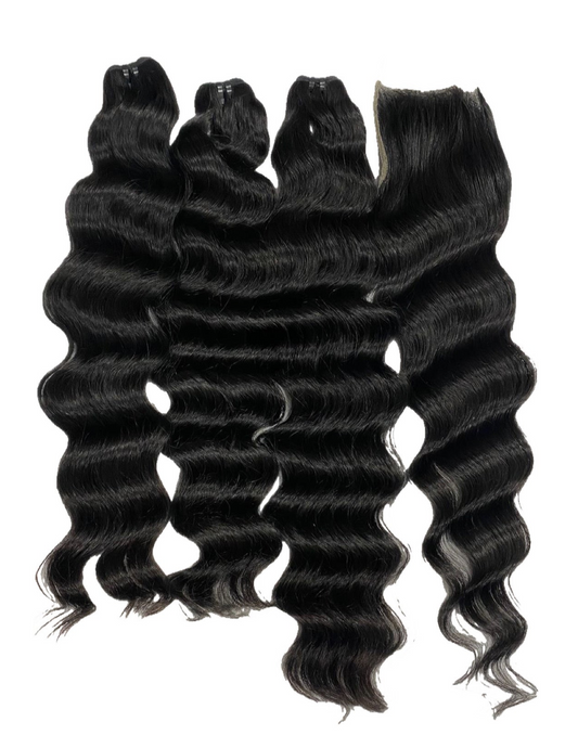 A bundle of loose deep wave hair extensions on a white background.