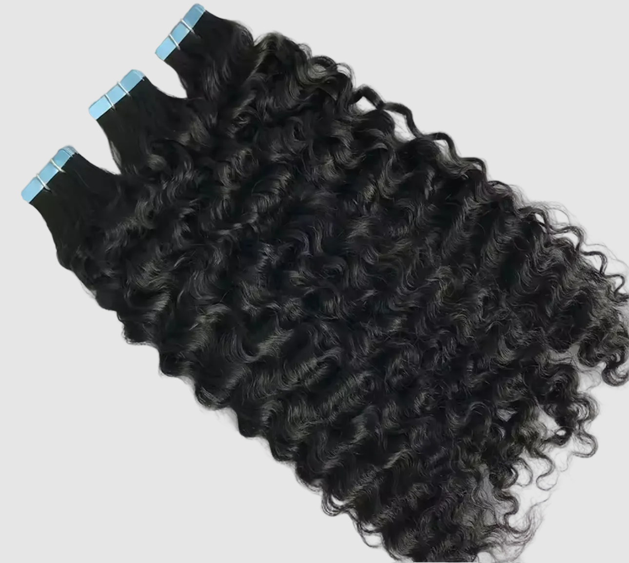Curly hair extensions with a brand logo on a white background