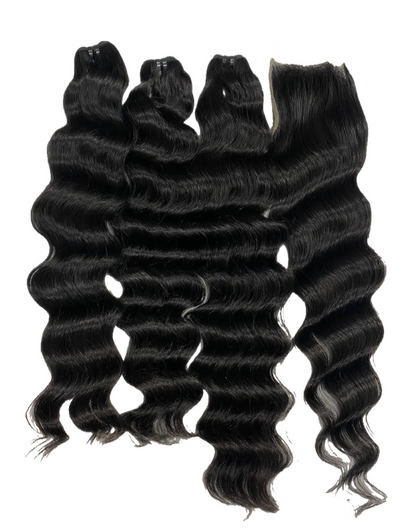 A bundle of loose deep wave hair extensions on a white background.