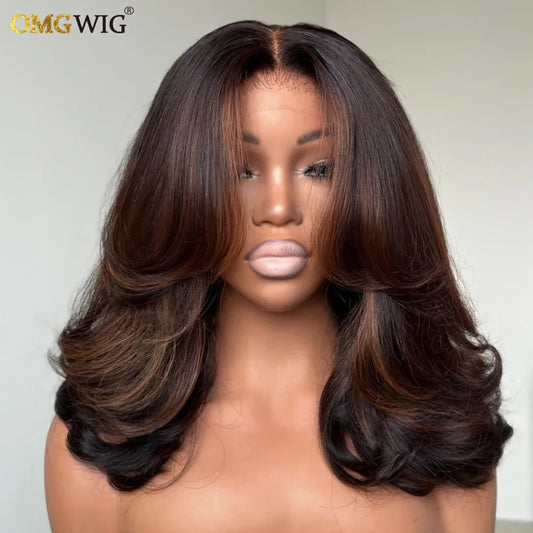 360 Glueless Lace Highlight Brown Wave Human Hair Wig 5x7 Wear & Go Lace Frontal Face-Framing Layered Cut Wave Wigs For Women