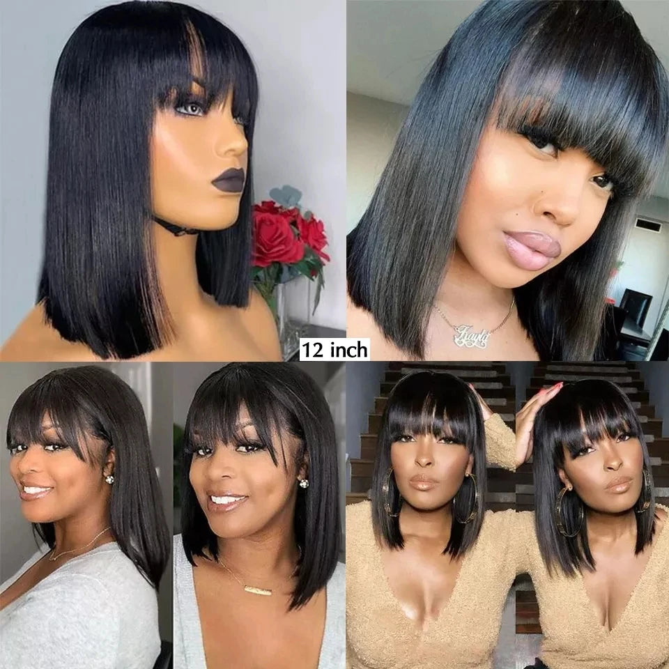 Brazilian Human Hair Bob Wig with Bangs – Remy Straight Short Wig Human Hair Wig with Bangs for Women 8-16 Inches Fringe Bob Wig