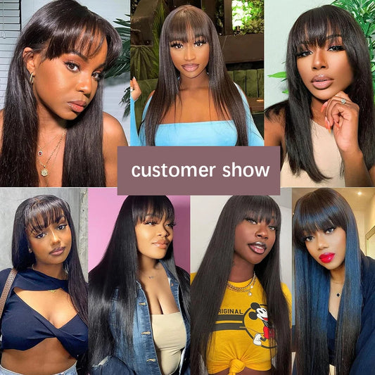 Layered Middle Part Lace Wig Bone Straight Human Hair Wig With Bangs Full Machine Made Straight Human Hair Wigs For Women