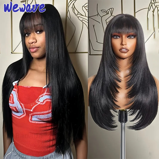 3X1 Middle Part Lace Wig Bone Straight Human Hair Wigs With Bangs Brazilian Full Machine Made 100% Human Hair Wigs For Women