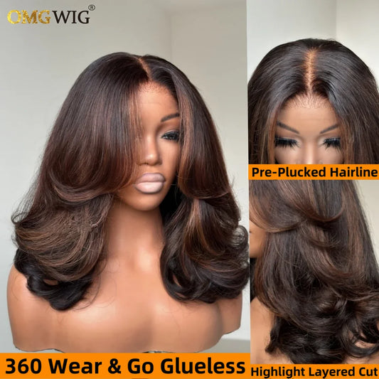 360 Glueless Lace Highlight Brown Wave Human Hair Wig 5x7 Wear & Go Lace Frontal Face-Framing Layered Cut Wave Wigs For Women