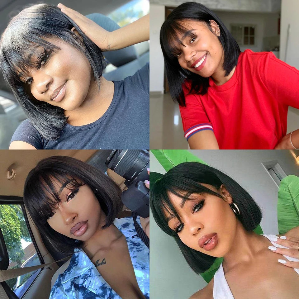 Brazilian Human Hair Bob Wig with Bangs – Remy Straight Short Wig Human Hair Wig with Bangs for Women 8-16 Inches Fringe Bob Wig
