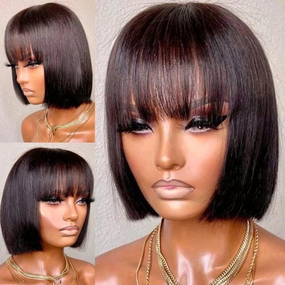 Brazilian Human Hair Bob Wig with Bangs – Remy Straight Short Wig Human Hair Wig with Bangs for Women 8-16 Inches Fringe Bob Wig