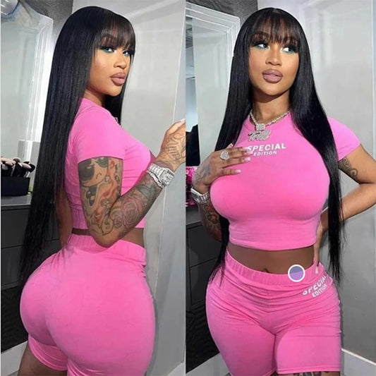 Straight Wig with Bangs HD Human Hair Machine Made Wig 100% Human Hair Wig Long Straight Wig with Bangs