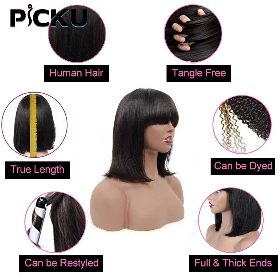 Brazilian Human Hair Bob Wig with Bangs – Remy Straight Short Wig Human Hair Wig with Bangs for Women 8-16 Inches Fringe Bob Wig