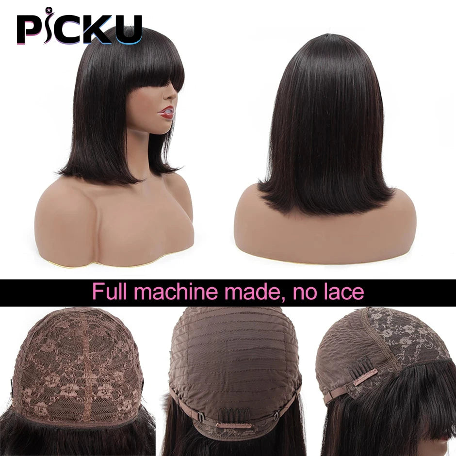 Brazilian Human Hair Bob Wig with Bangs – Remy Straight Short Wig Human Hair Wig with Bangs for Women 8-16 Inches Fringe Bob Wig