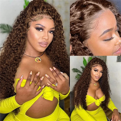 Chocolate Brown Curly Human Hair Wigs 13x4 13x6 Deep Wave Lace Frontal Wigs For Women Pre Plucked 100% Brazilian Human Hair Wig