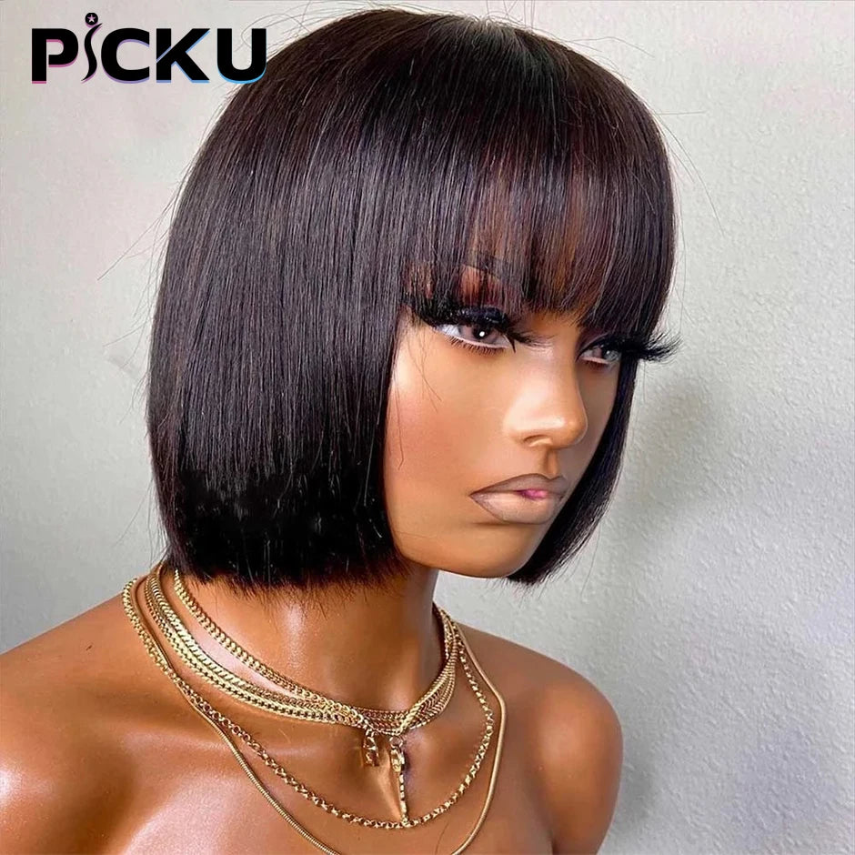 Brazilian Human Hair Bob Wig with Bangs – Remy Straight Short Wig Human Hair Wig with Bangs for Women 8-16 Inches Fringe Bob Wig