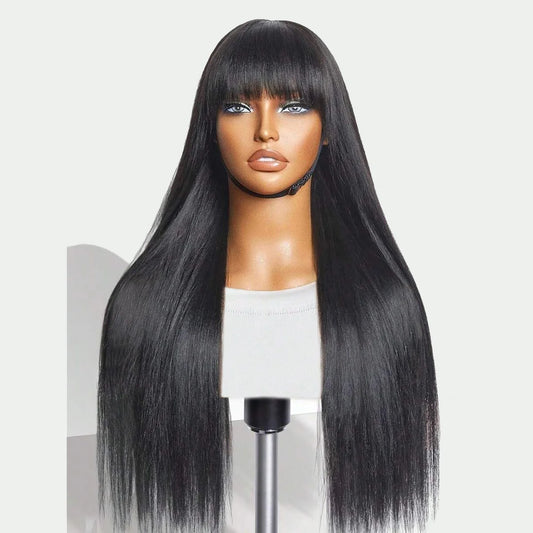 30” Bone Straight Human Hair Wig with Bangs – Glueless Full Wig