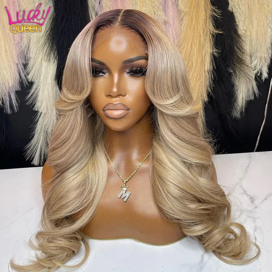 Human Hair Ombre Blonde Colored Frontal Wig for Women Transparent 13X6 Lace Front Human Hair Wig with Dark Root Pre Plucked